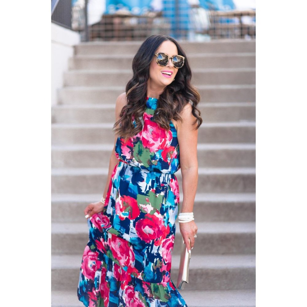 Living in Yellow X Gibson halter floral midi dress NEW